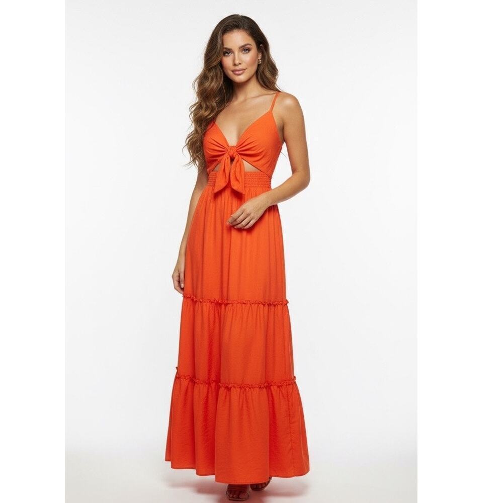 Women’s Orange Midi Tie-Front Dress